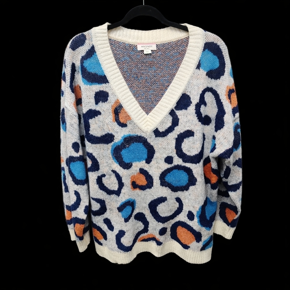 Leopard Print V Neck Sweater | Colorful Oversized Knit Pullover | 2X‎